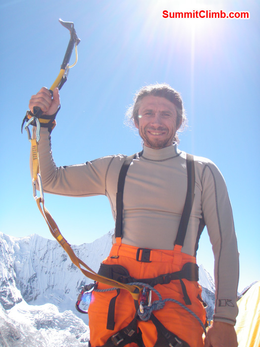 Henri Geller showing his Ice axe in camp 2. Photo Kunnar Karu