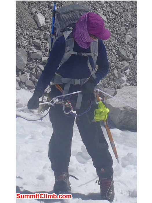 Carla Strong practicing abseiling on ice training day, Naulekh Glacier. Photo by Andrew Davis.