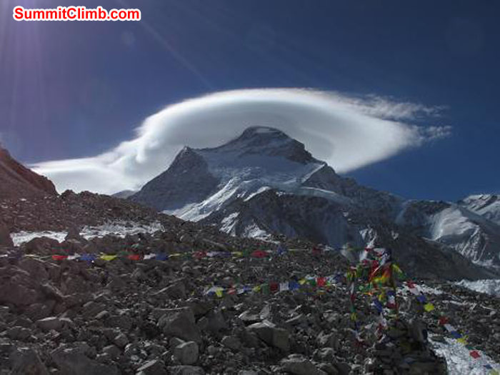 The winds are coming! Lenticular cloud over Cho Oyu when we knew we’d be sitting in ABC longer. Photo John Martersteck
