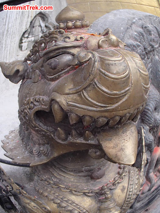 Sacred Lion statue at the Monkey Temple in KTM. Maggie Noodle Photo