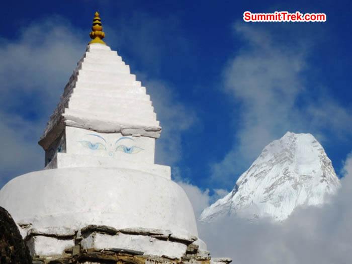 Stupa along the trail to Everest basecamp and Mount Ama Dablam towering in the background. Hannah Rolfson Photo.