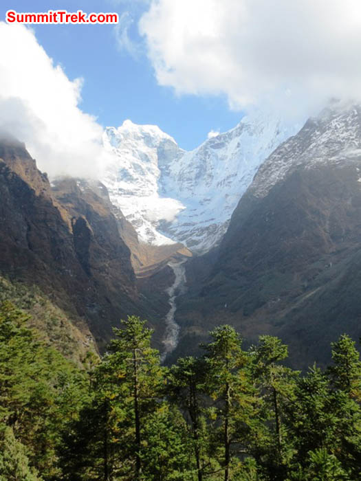 Mount Kusum Kanguru towers above a healthy Hemlock forest on the trail to Everest. Photo Hannah Rolfson