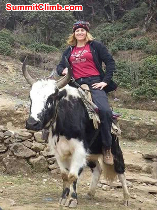 Photo Caption: Leave it to a Texan! Christie riding a Yak in Lukla.