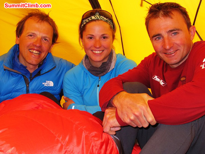 Simone Moro, Melissa Arnott, and Ueli Steck in Everest Basecamp. Monika Witkowska Photo.