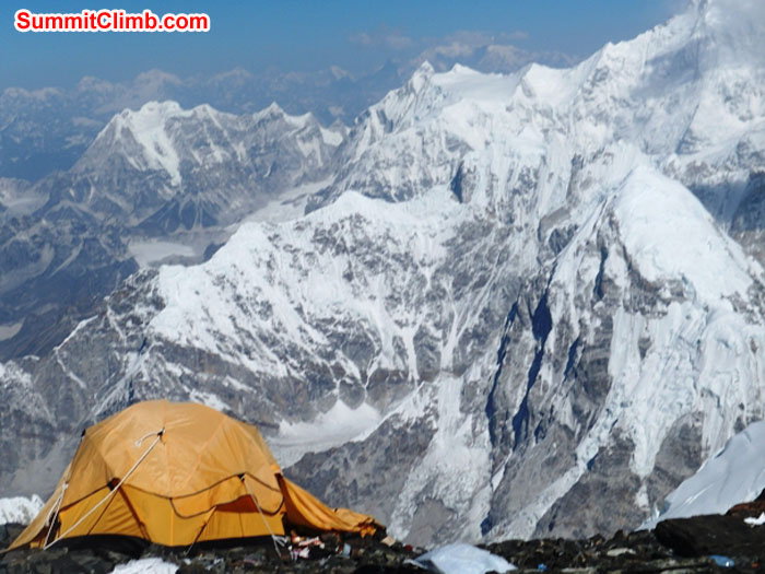A tent on the South Col. Mounts Pumori and Cho Oyu in the background. Monika Witkowska Photo.