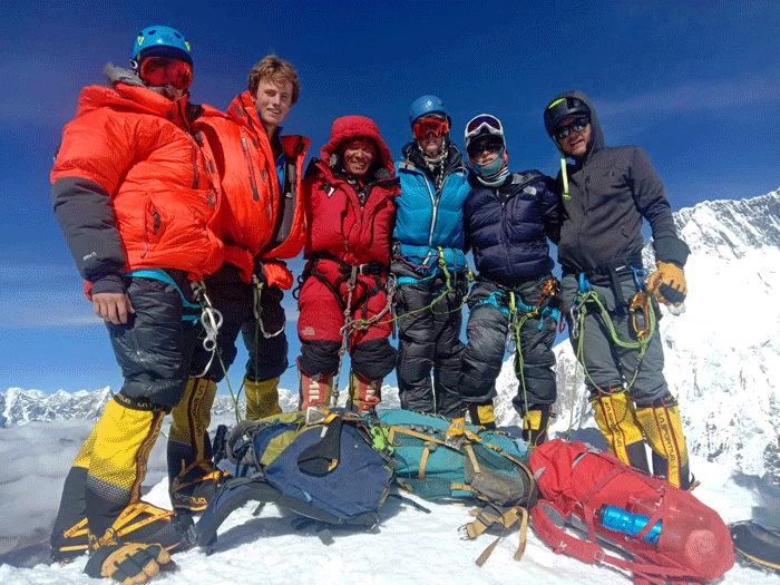 Mom, Dad, Three Kids and our Sherpa on the Summit of Island Peak