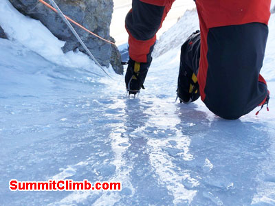 Climbing the steep ice from camp 2, just on the front points of my crampons