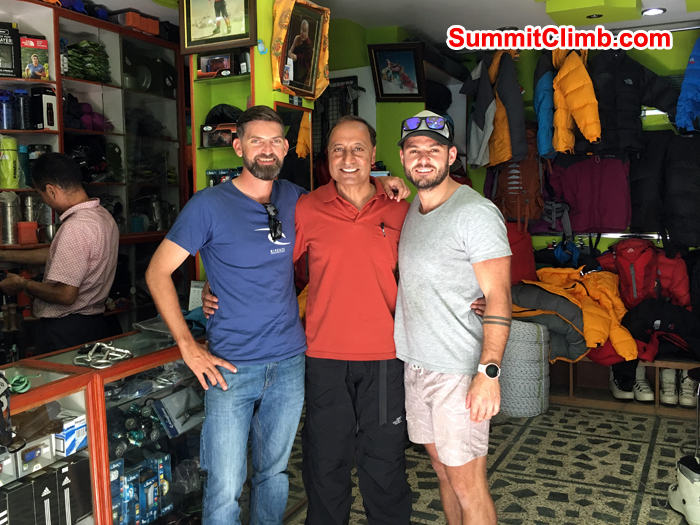Andrew Turvey, Ruby and Warwick Van Aardt at Gauri Shankar Climbing and trekking rental Shop. Photo Andrew Turvey