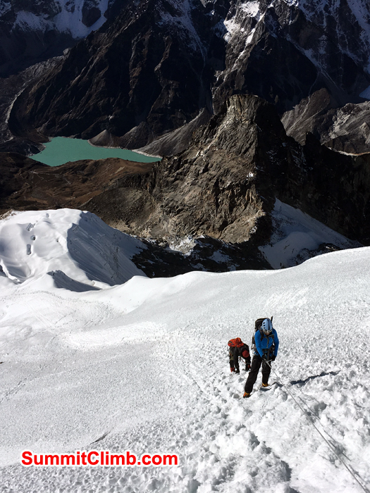 Warwick and Thile are lobuche peak for summit. Photo Andrew Turvey