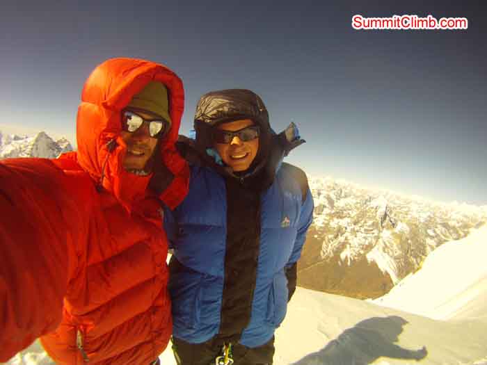 Andreas and Fernando Joerger on the summit of AmaDablam. Photo by Nils