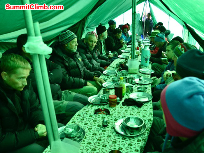 Team enjoys delicious soup and starters in our comfortable dining tent at Mera Peak basecamp. Photo by Michael Moritz