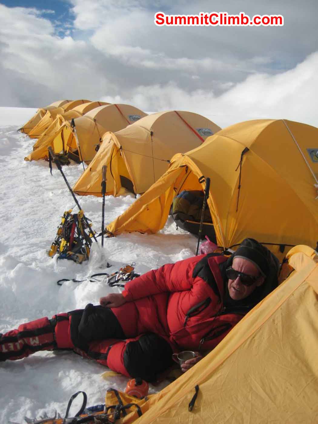 Dan Mazur rests outside tent on acclimatization day at camp 1.5 - photo by Marina Cortes