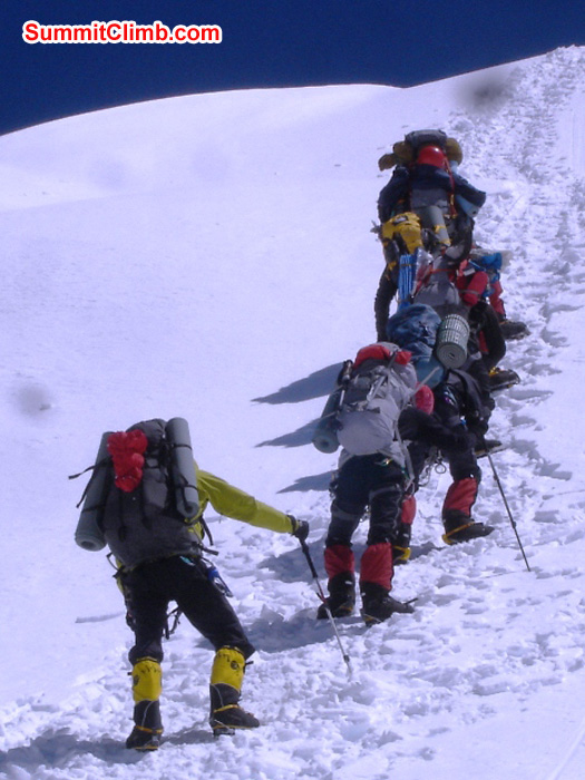 Our team climbs the ropes Jangbu Sherpa fixed above Camp 1. Jangbu Sherpa Photo