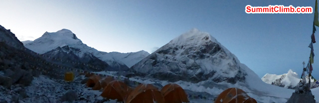 Predawn panorama showing Mount Cho Oyu on the left and unnamed peaks in centre and on right, across the Nangpa-La Pass. Photo Juergenn Landmann