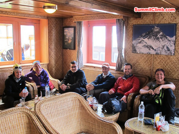 Violetta, Anne-Mari, Slavo, Don, Chris, and Michelle relaxing at Starbucks in Lukla.