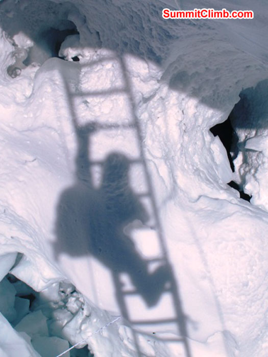 Monika Witkowska photographed her shadow while climbing across a ladder in the Khumbu Icefall. Her shadow is hitting the bottom of the crevasse at appx 15 m - 50 ft depth.