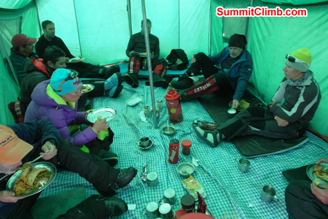 Team enjoys delicious dinner in the camp 2 dining tent. Monika Witkowska Photo