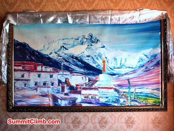 Painting of Everest and Rongbuk Monastery on the wall in Ha Hoo Hotel Tingri