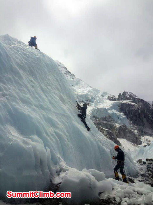 team practicing near ice wall in Everest Basecamp