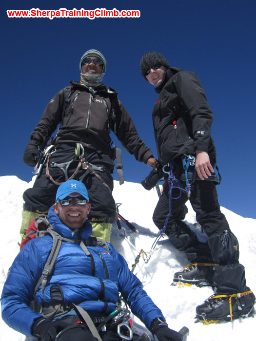 Sjoerd Wever, Shera Sherpa, and Sean McLane on the summit of Lobuche during the Everest Glacier School. Photo by Sjoerd Wever