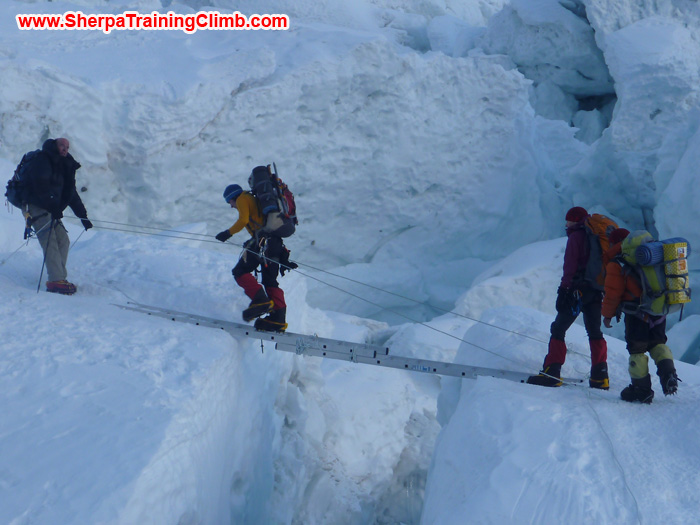 Sherpas helping a member to cross the Khumbu Ice fall. Photo Stew.